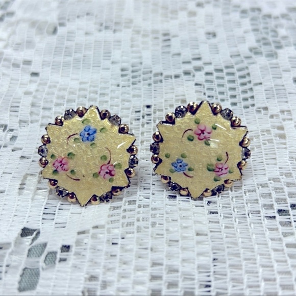 Antique/Vintage Earrings Screw Back Enamel‎ Rhinestones Yellow Floral - Picture 4 of 4